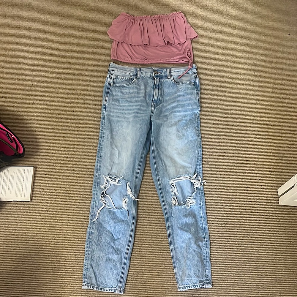Abercrombie and Fitch strapless top & American Eagle High-Waisted Mom Jean